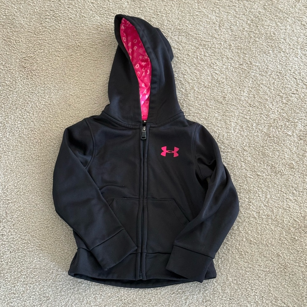 Under Armour Girls’ 3T Black Full Zip Hoodie Pink Logo Sweatshirt